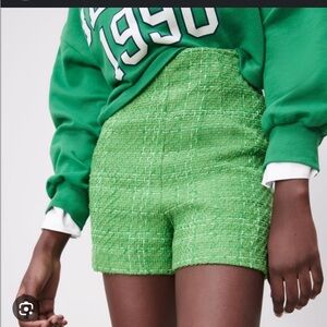 Zara High Waist Green Tweed Shorts